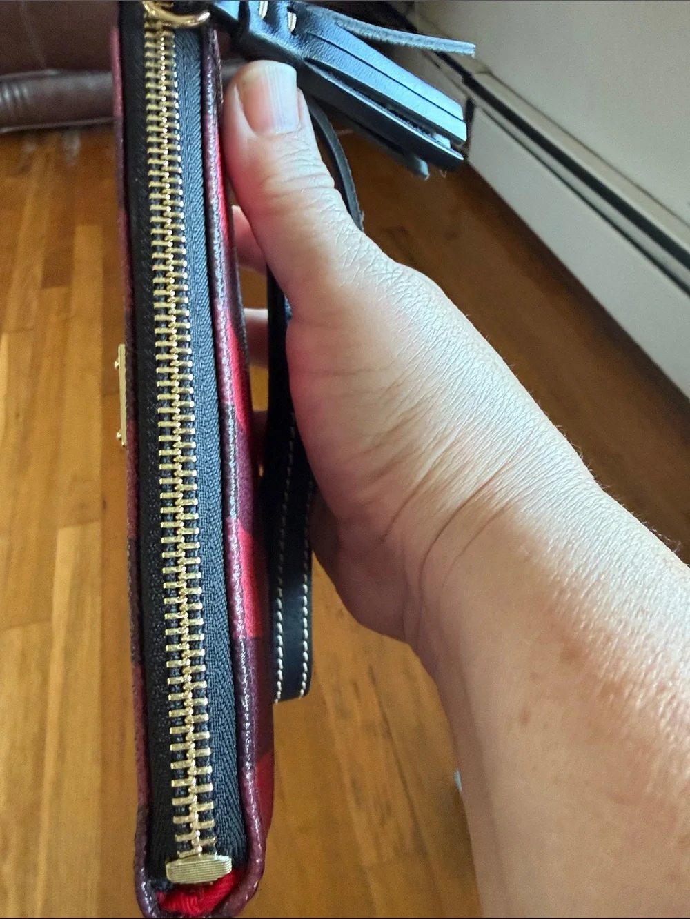 Dooney & Bourke Tucker collection zip wristlet red & black buffalo check plaid
